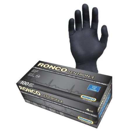 1 Case - 10 Boxes, Ronco Sentron™ 4 Nitrile Examination Glove - Black 4mil 100/BX