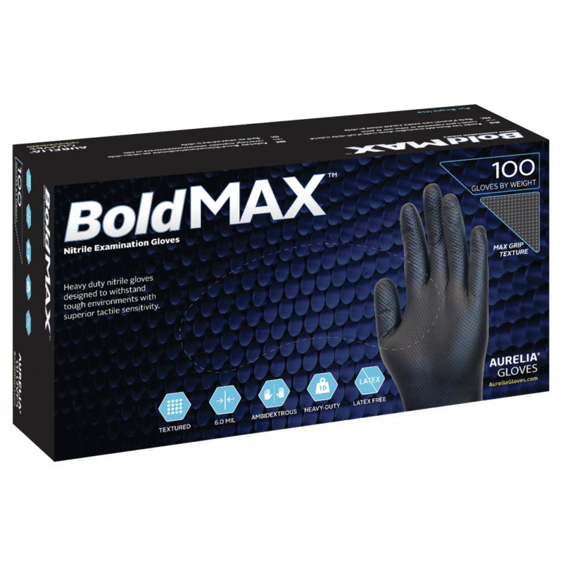 1 Case - 10 Boxes, Aurelia® BoldMAX™ Nitrile Gloves - Black 6mil 100/BX