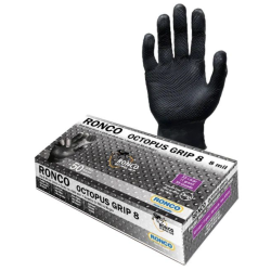 1 Case - 10 Boxes, Ronco Octopus Grip Nitrile Gloves - Black 8mil PF 50/BX