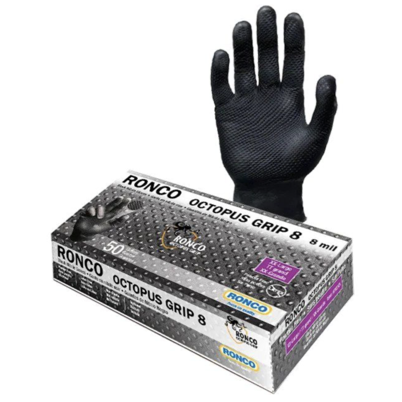 1 Case - 10 Boxes, Ronco Octopus Grip Nitrile Gloves - Black 8mil PF 50/BX