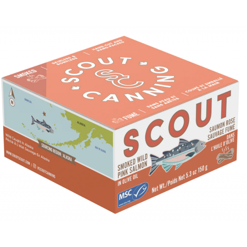 1 Case - 12 Pack, SCOUT - Canned Fish and Seafood - Smoked Wild Pink Salmon in Olive Oil, 150G