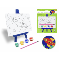1 Case - 12 Pack - Krafty Kids Kit: 3.9"x5.9" DIY Canvas Panel on Easel w/4 Paint Pots+Brush - Rocket