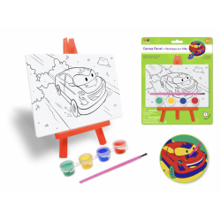 1 Case - 12 Pack - Krafty Kids Kit: 3.9"x5.9" DIY Canvas Panel on Easel w/4 Paint Pots+Brush - Cars