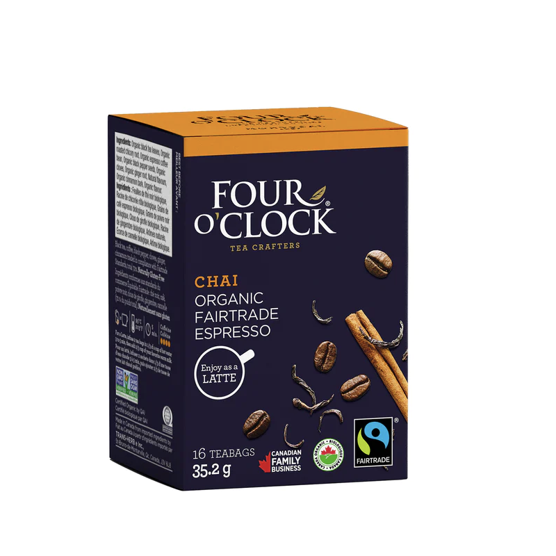 1 Case - 6 Pack, Four O'Clock - Organic Fairtrade Tea Bag - Chai Espresso tea,16X35.2G