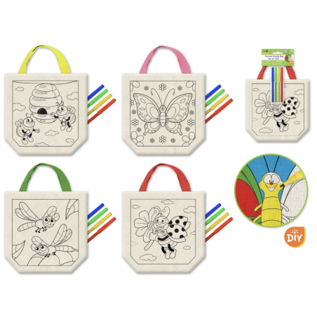 1 Case - 48 Pack, assorted 12 Pack x 4 Styles - Krafty Kids Kits: Canvas DIY Goody Bags w/4 Markers Asst - Flying Friends