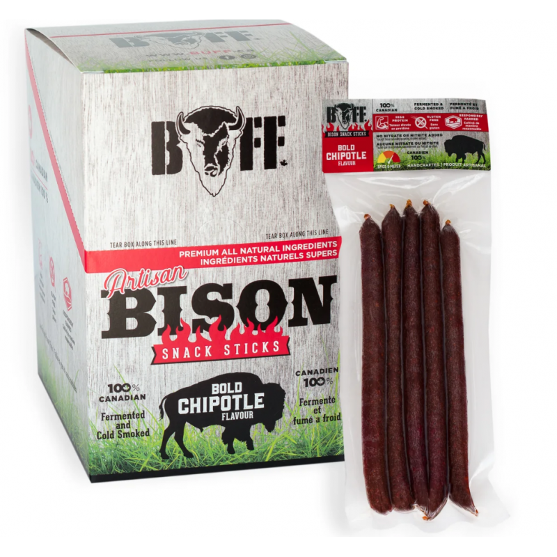 1 Case - 12pack, 125G, BUFF, BISON SNACK STICKS - Chipotle Bison Snack Stick - Cold Smoked & Fermented FIVE PACK
