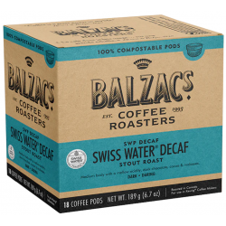 1 Case - 6pack, 189G, Balzac's - 100% Compostable Coffee Pods - Swiss Water Decaf