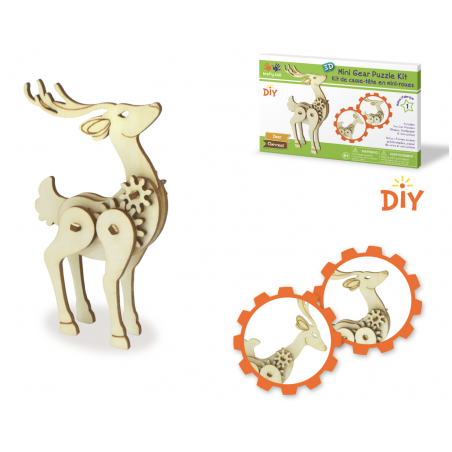 1 Case - 12 Pack, Krafty Kids Kit: 3D Mini Mechanical Gear Wood Puzzle - Deer
