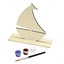 1 Case - 12 Pack, Krafty Kids Kit: 7"x6" DIY Wood Stand-Up w/3 Paint Pots+Brush - Sailboat