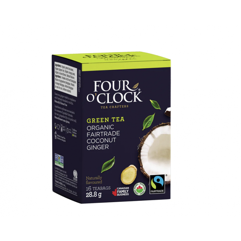 1 Case - 6 Pack, Four O'Clock - Coconut Ginger Organic Fairtrade Green Tea,16X27.2G