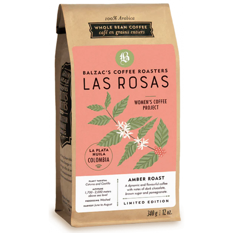 1 Case - 6pack, 340G, Balzac's - Whole Bean Coffee - Colombian Las Rosas