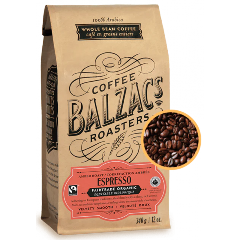 1 Case - 6pack, 340G, Balzac's - Whole Bean Coffee - Espresso Fair-Trade Blend