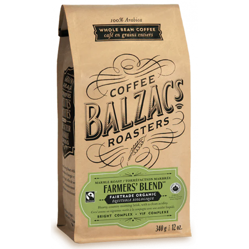 1 Case - 6pack, 340G, Balzac's - Whole Bean Coffee - Farmer's Fair-Trade Blend