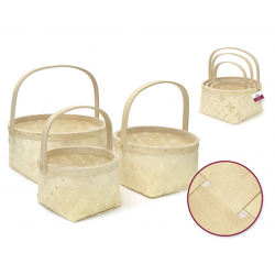 1 Case - 2 Pack, Wood Basket Set: Natural w/Handle 3/set - Round