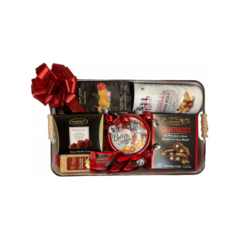 1 Case, 6 pack - Gift Basket Kit, Makes 6 Gourmet Snacks Gift Basket, with Ivory metal Tray Gourmet Gift Basket Kit