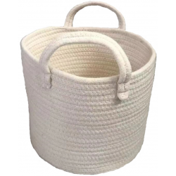 1 Case - 2 Pack, Round white cotton basket with handles 10"Dx8"H