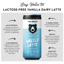 1 Case 6 Pack TWO BEARS DAIRY LATTE - VANILLA - RTD, 207ml