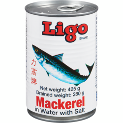 1 Case, 24 Pack, Ligo Mackerel In Water 425g